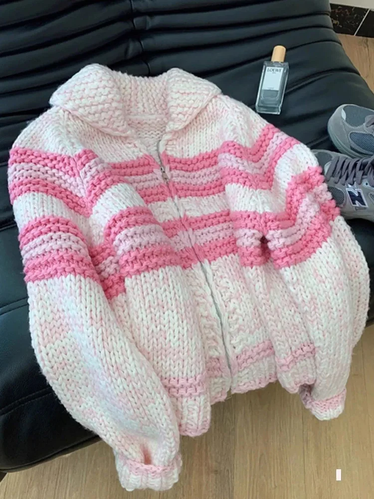 Paresseux vent femmes doux mignon Cardigan chandails Vintage rayé à manches longues lâche tricoté veste automne hiver doux chaud femmes hauts