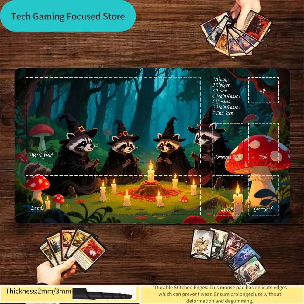 Tapete de juego de cartas mágicas con zonas, diseño Raccoon Mentor, tapete de juego mtg, tapete de escritorio antideslizante de goma, alfombrilla de ratón con expansión para teclado de jugador