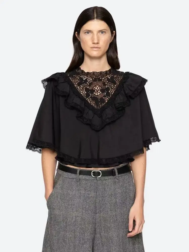 

Withered Sweet Style Hollowed Out Embroidered Lace Collar With Ruffled Edges, Cloak Style Shirt Top For Women Clothes Shirts