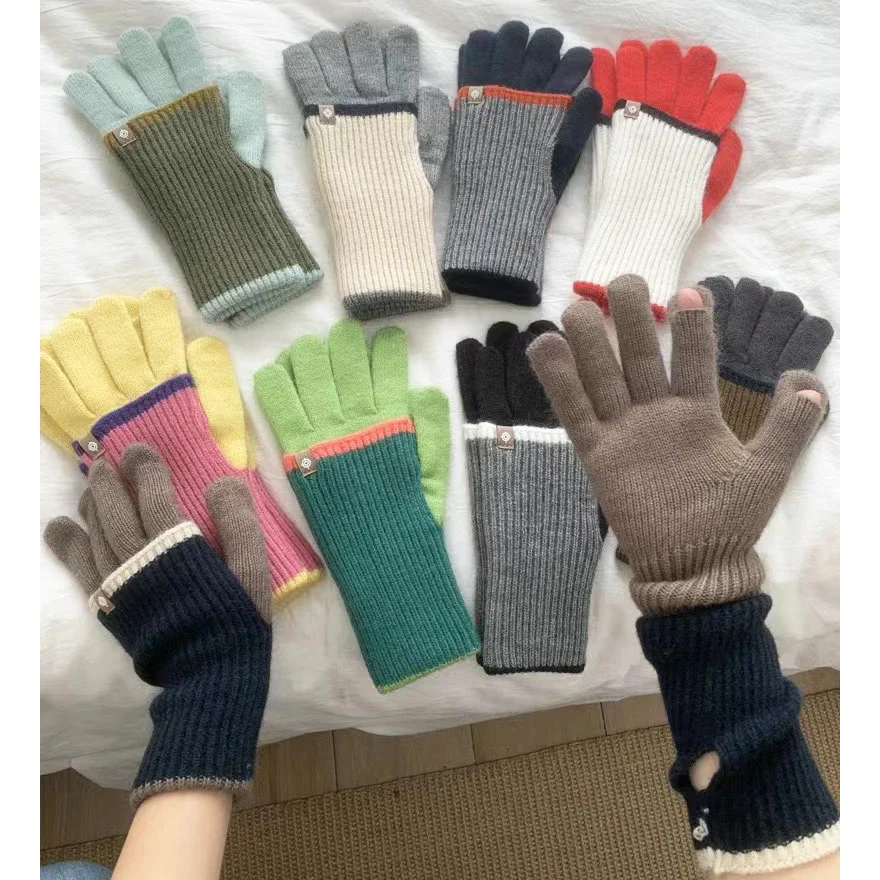 Winter Couple Color Block Gloves Ouedoor Touch Screen Men's Women's Matching Knit Gloves Korean Style Long Warm Student Mittenss