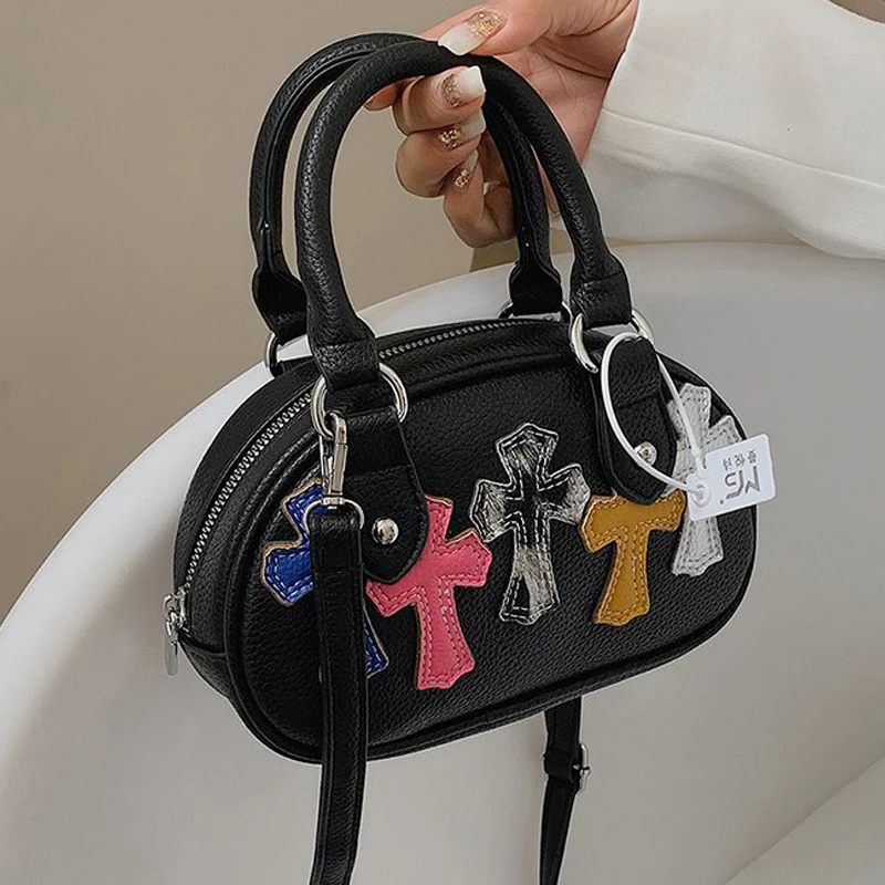 

Y2K Printing Cross PU Bowling Bag Designer Luxury Handbags For Women 2023 New Vintage Ladies Shoulder Crossbody Shell Bags