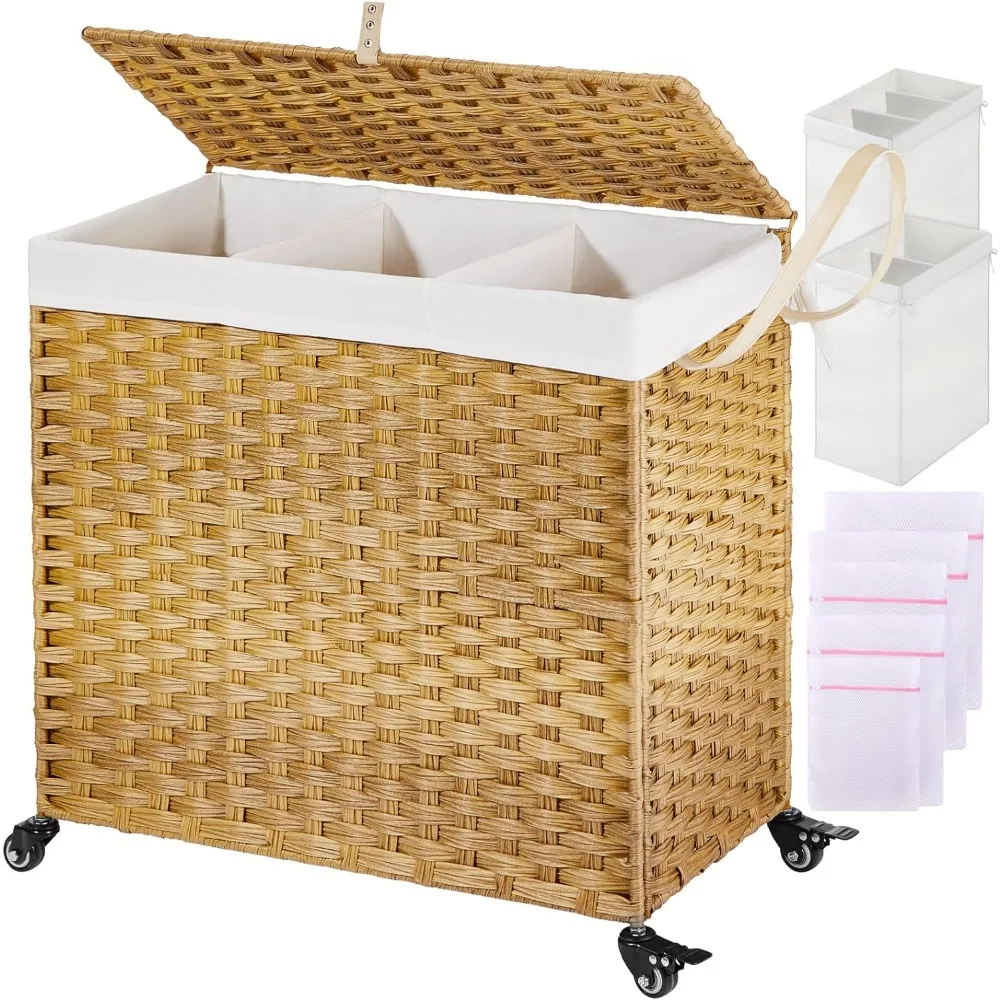 

Laundry Hamper with Wheels&Lid, 125L Large 3 Sections Clothes Hamper with 2 Types Removable Liner Bags, 5 Mesh Laundry Bags