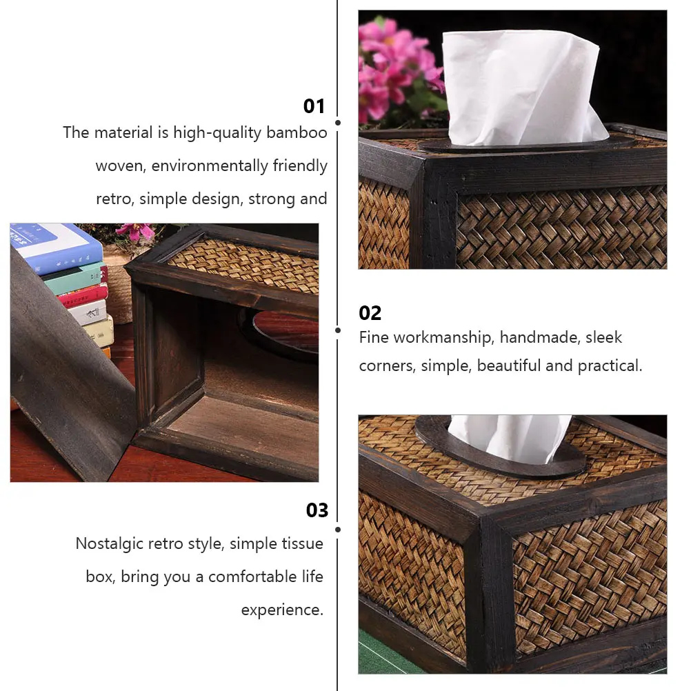 

Bamboo Woven Tissue Box 20x15x8cm Retro Home Decor Holder for Living Room Bedroom Hotel Friendly Practical Paper Towel