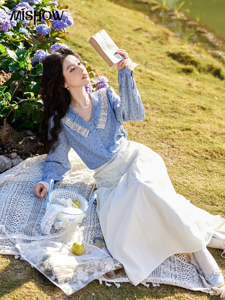 MISHOW Lace Patchwork Polka Dot Shirt for Women Spring 2025 French V-neck Shirt Cuff Splic with Hollowed Out Lace Top MXE12X1707