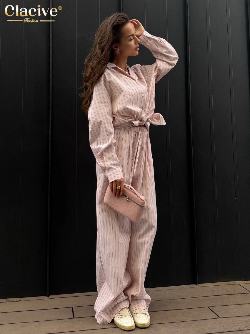 Clacive Fashion Loose Pink Stripe 2 Piece Set Women Elegant Long Sleeve Shirt With High Waist Wide Pants Set Female Streetwear