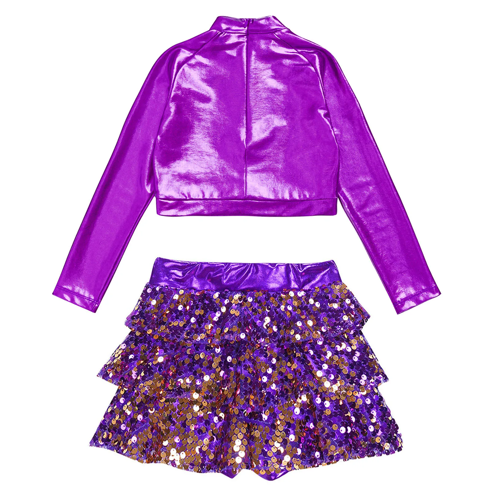 Kids Girls Shiny Sequins Ballet Dance Clothes Long Sleeve Tiered Crop Top+Skirt for Carnival Party Jazz Dance Stage Performance