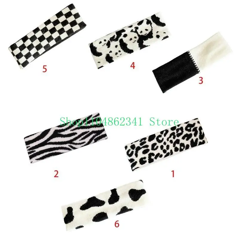 

652F Women Casual Sports Makeup Headband Cow Print Face Wash Knitted Hairband Bandana