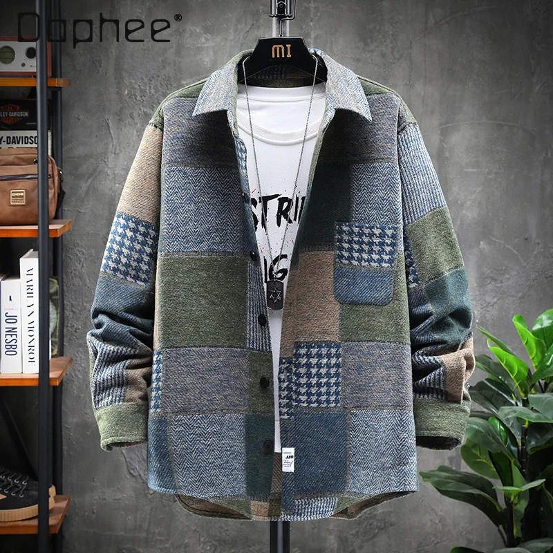 

2025 Autumn Winter Thick Brushed Plaid Gray Shirt Men's Jacket High-end Loose Casual Green Blue Long Sleeve Jacket