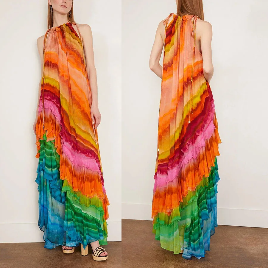 

Sexy Gradient Frilled Long Dress Women Fashion Lace-up Slings Pleated Women's Vacation Dress 2025 Summer Women Beach Loose Robe