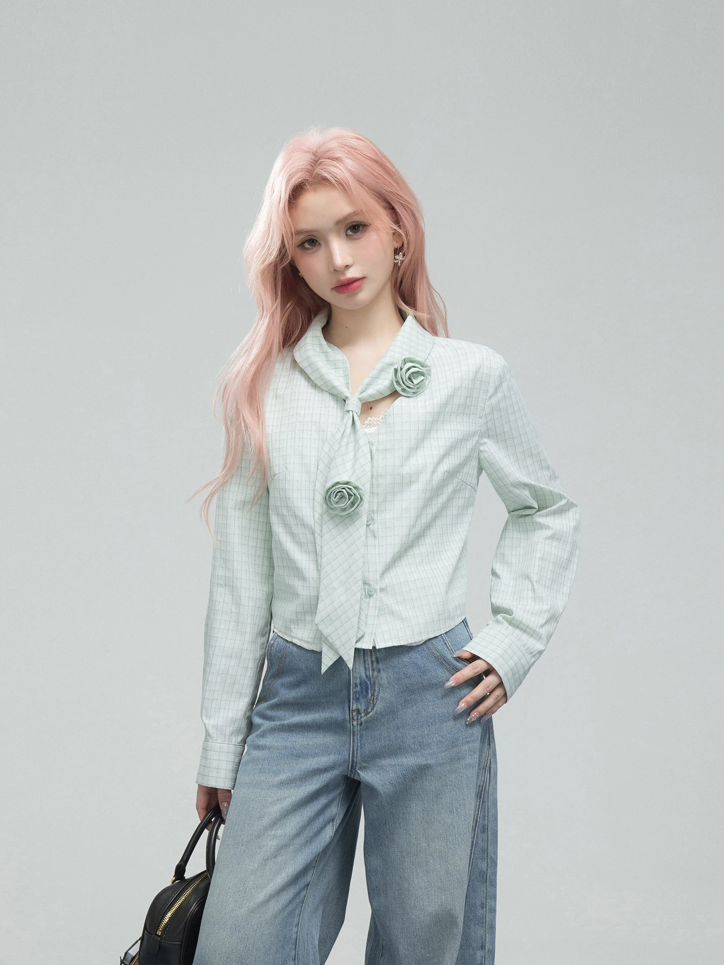 

ONEOFUUU Sweet Spring een Bud Plaid irt Handmade Bow Tie Collar Loose Fit Women's Casual irt Original Design Polyester ...