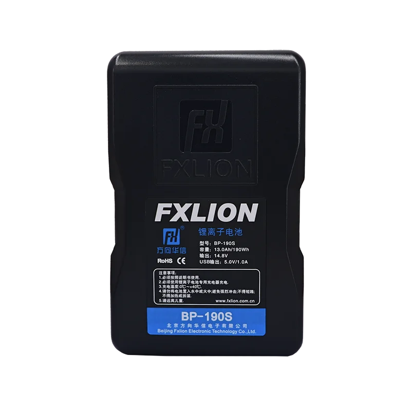 

Fxlion BP-190S 14.8V/190wh V-Mount USB-A d-tap Battery and 2 1pin sockets. 5 level power indicator for camera light battery