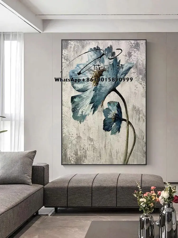 لوحة قماشية على شكل زهرة مرسومة يدويًا لوحات أخرى حديثة لا تزال الحياة معلقة على الحائط الفني الأزرق لتزيين غرفة المعيشة والفندق