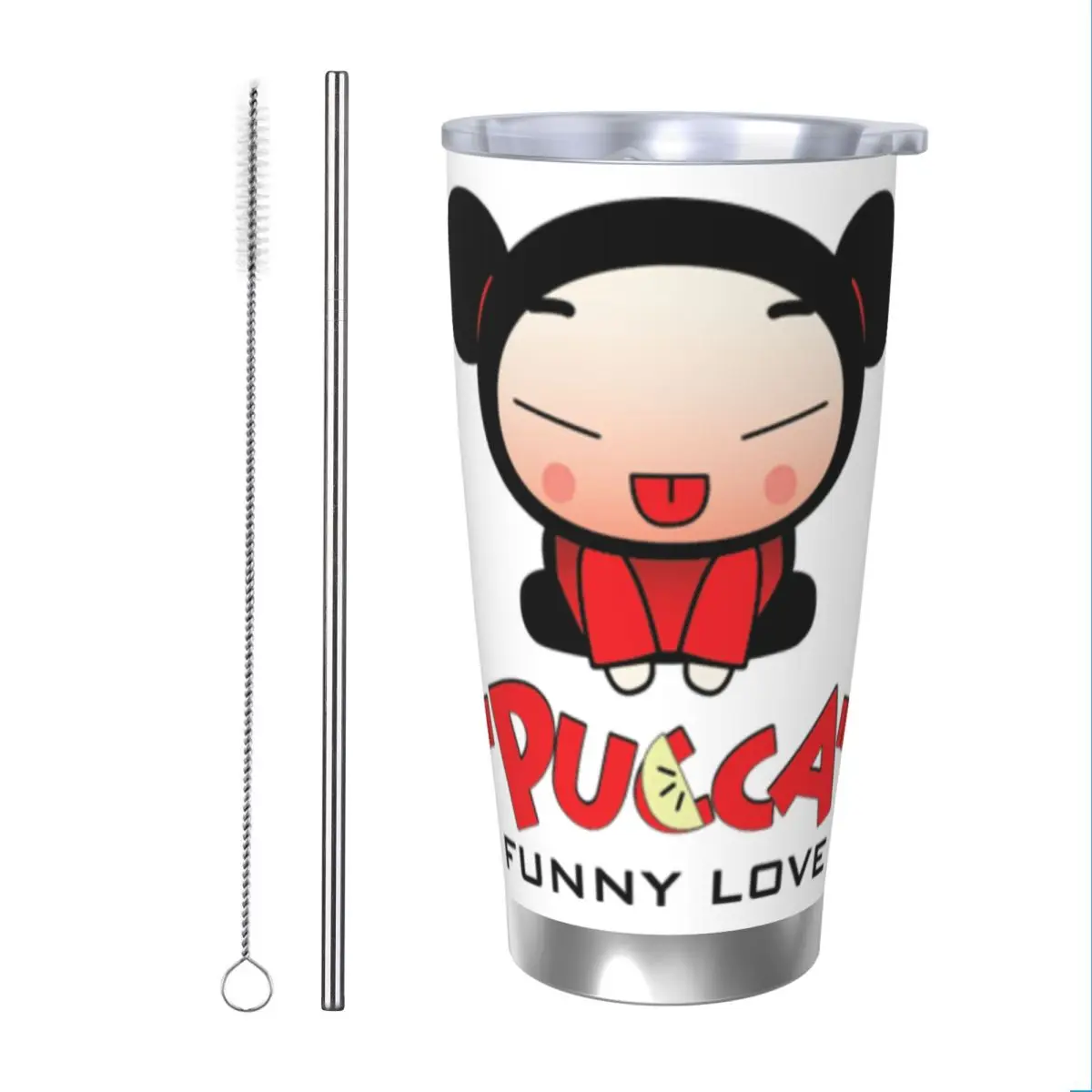 Cute Cartoon Pucca 20oz Stainless Steel Car Mug Straw Thermal Iced Travel Cup Vacuum Insulated Coffee Hot Cup