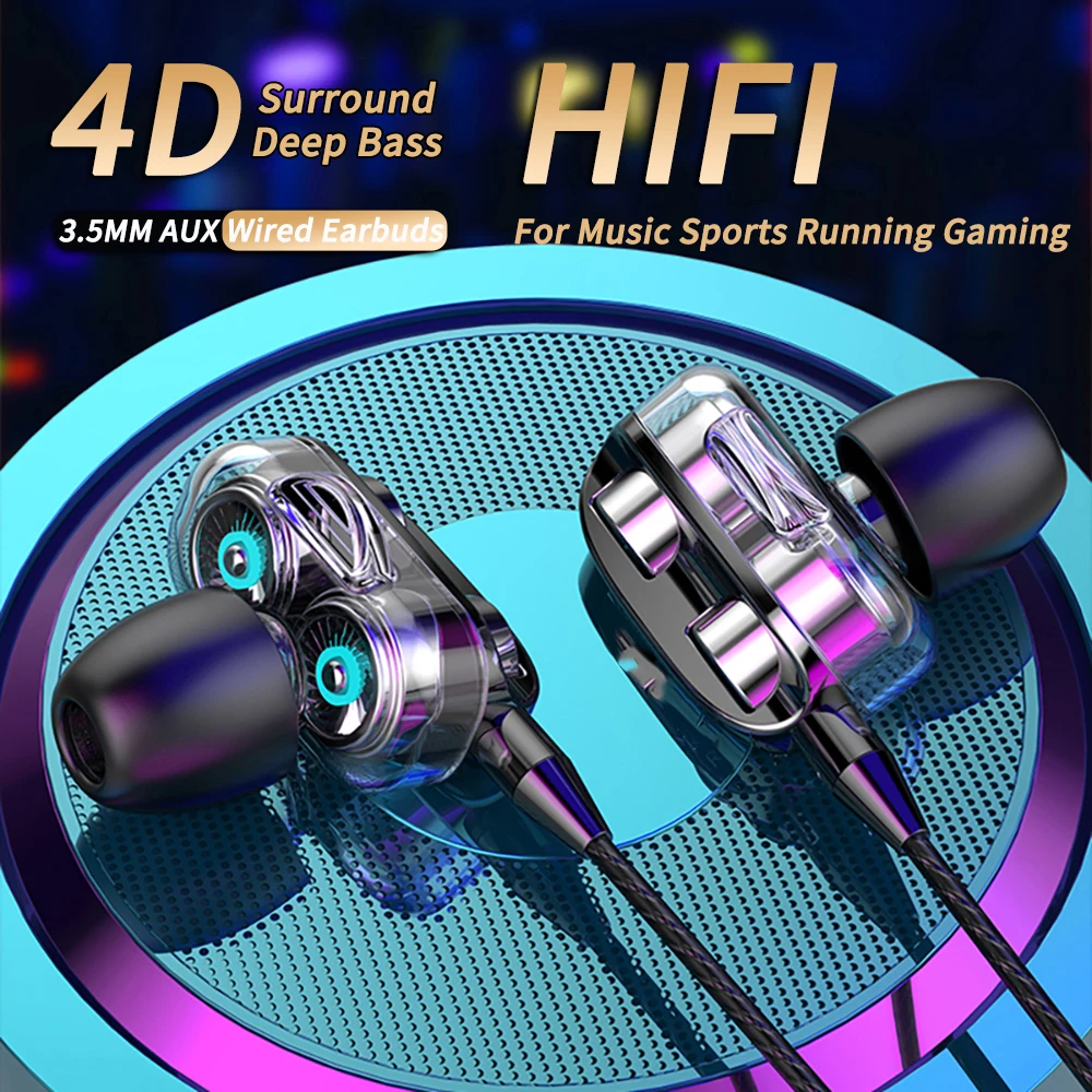 3.5mm Wired Headphones Noise Canceling In-Ear Sports Earphone Dual Driver Bass Stereo Gaming Headset HiFi Music Earbuds With Mic