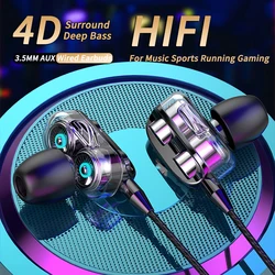 3.5mm Wired Headphones Noise Canceling In-Ear Sports Earphone Dual Driver Bass Stereo Gaming Headset HiFi Music Earbuds With Mic