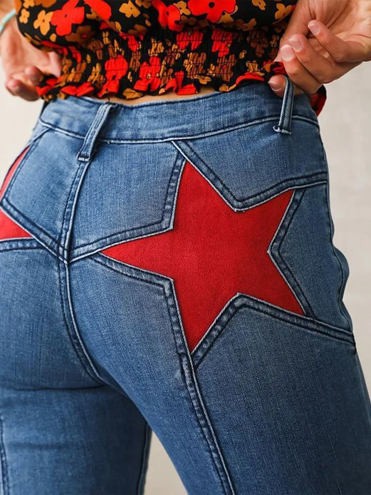 

Модные женские эластичные расклешенные джинсы с высокой талией Jorts Bold Red Star с принтом кожи Повседневная уличная одежда Шикарные брюки Шорты