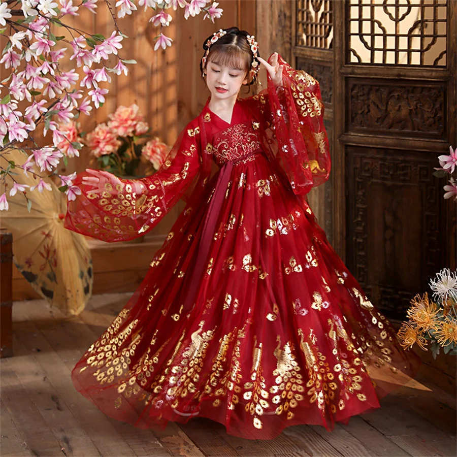 Fantasia chinesa de seda dinastia Tang para meninas, vestido de dança infantil, conjunto cosplay hanfu, estilo chinês antigo