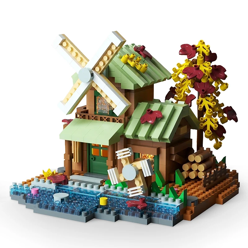 Diy Street View modelo de construcción ensamblar bloques de construcción bosque árbol casa rompecabezas molino de viento árbol casa decoración juguetes Decoración de mesa