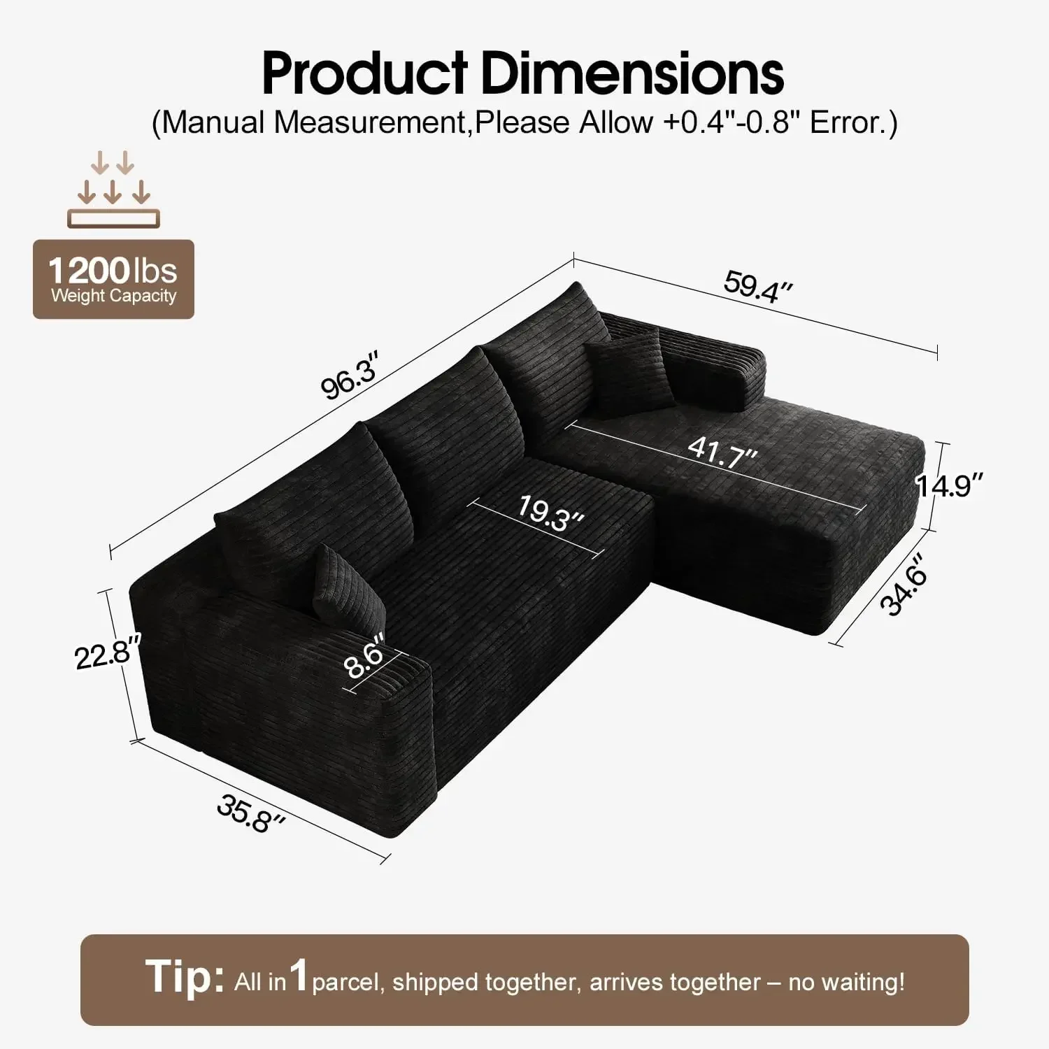 96 Inch L Shape Corduroy Memory Foam Cloud Sectional Sofa Comfy Modular Chaise Living Room Black No Assembly Required