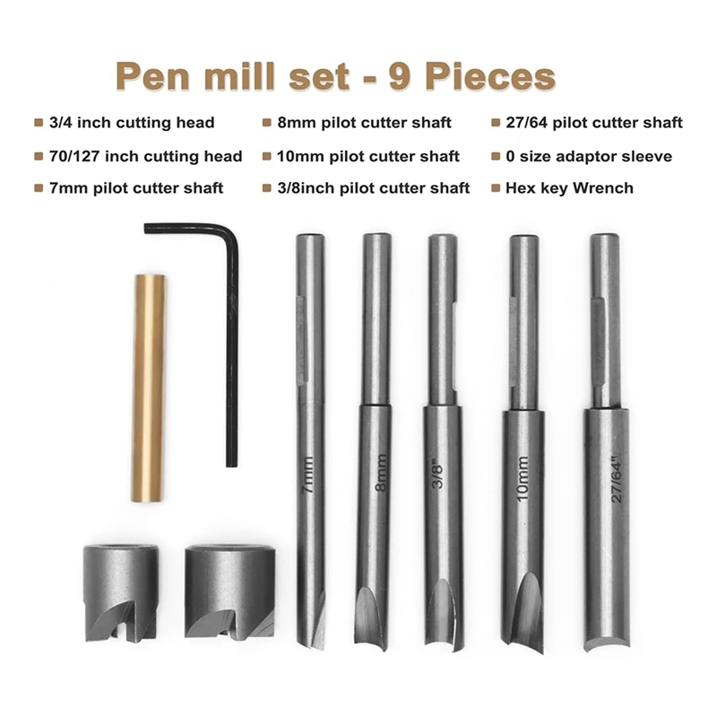 10 Piece Pen Mill Set, Barrel Trimmer System High Speed Steel For Pen Kits For Woodworking Pen Kits