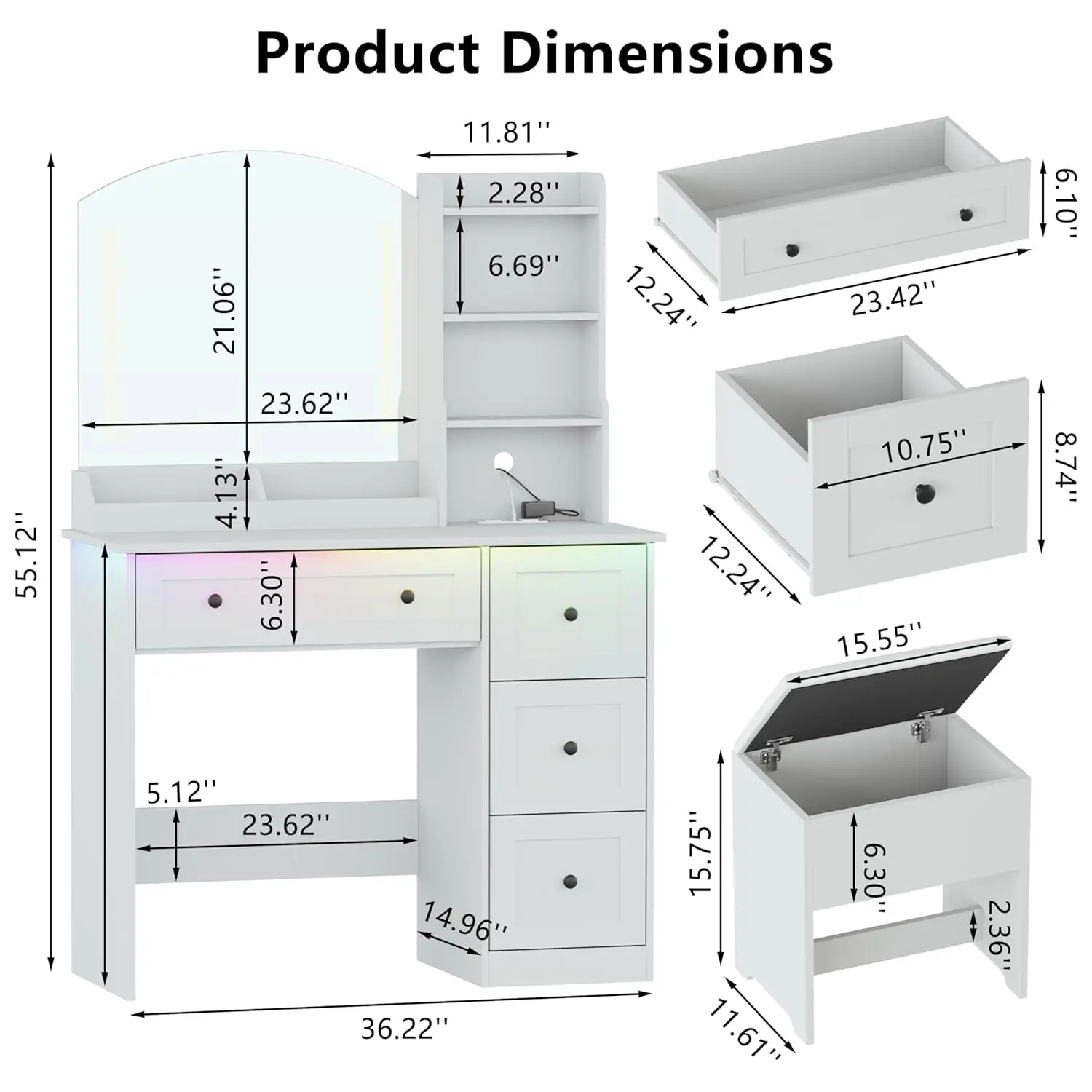 i*-Vanity Desk with Mirror and Lights & Power Outlet, Makeup Vanity Set with Chair & RGB Ambient Light, Girls Vanity, Customized
