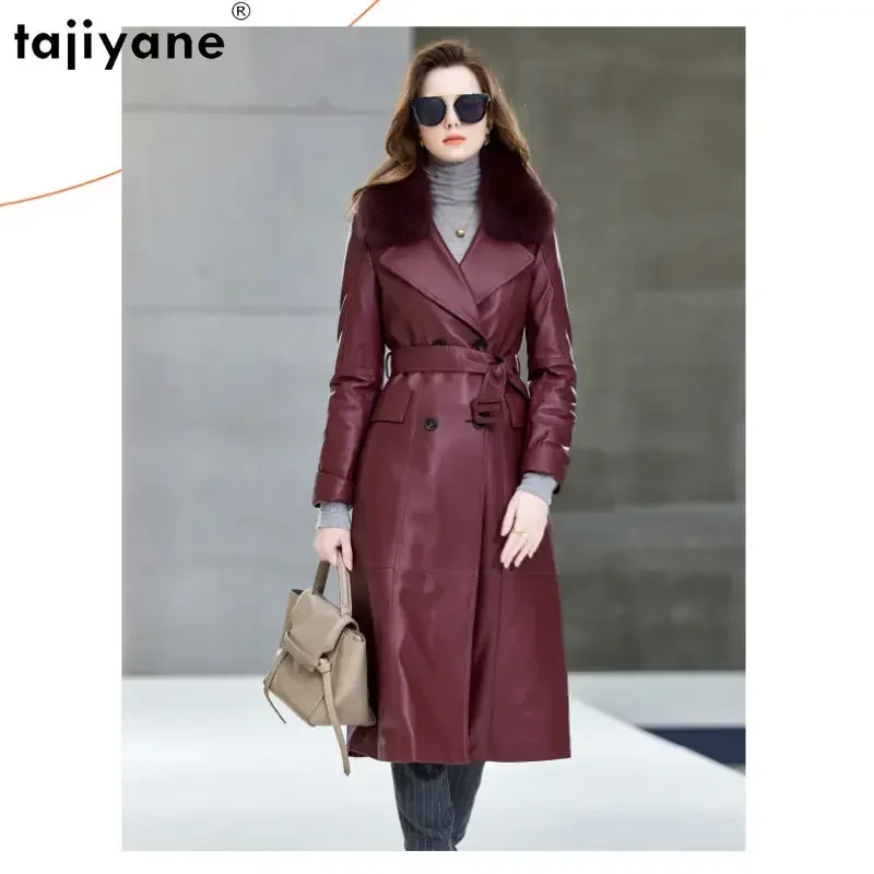 Tajiyane Echte Schapenvacht Lederen Donsjack Vrouwen Winter Luxe Elegante Leren Jassen Vrouw Lange Donzen Jassen Vossenbont Kraag