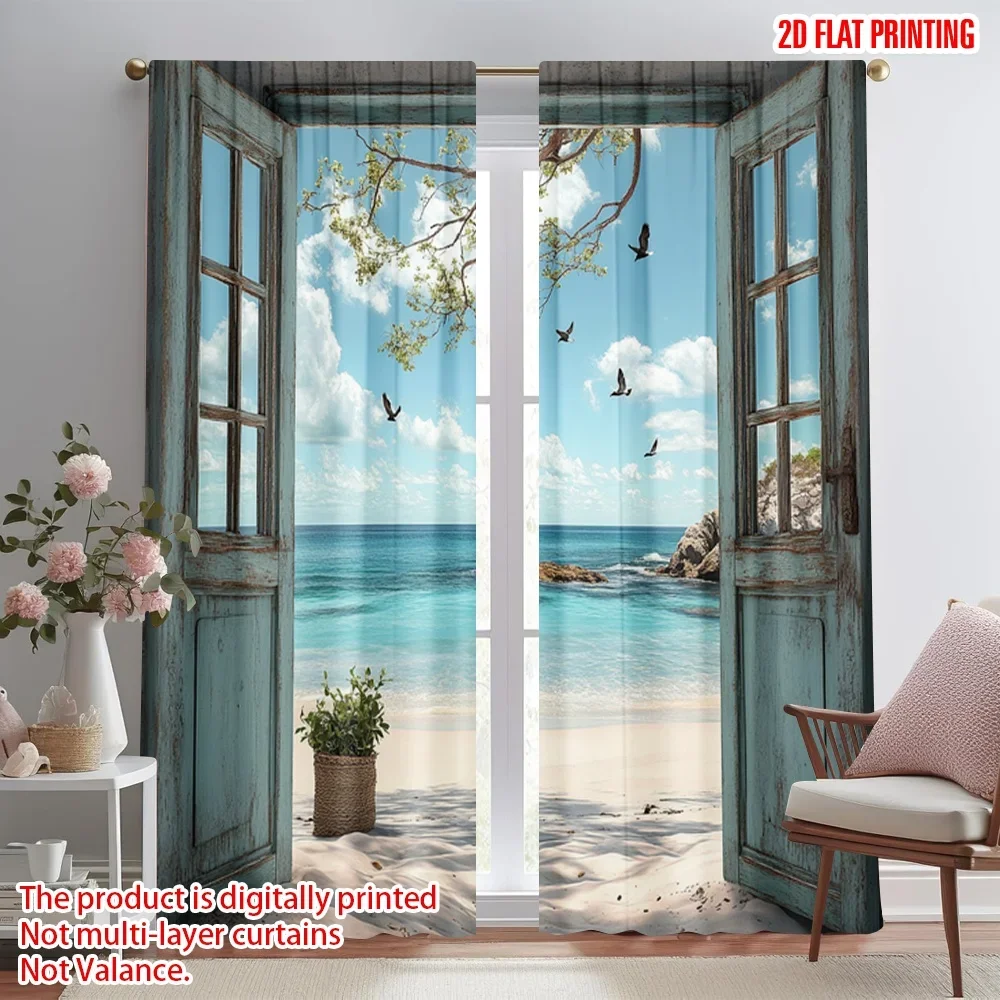 Beach Ocean View Curtain Pair 2pcs Tropical Digital Print Window Curtains Coastal Waterproof Home Decor