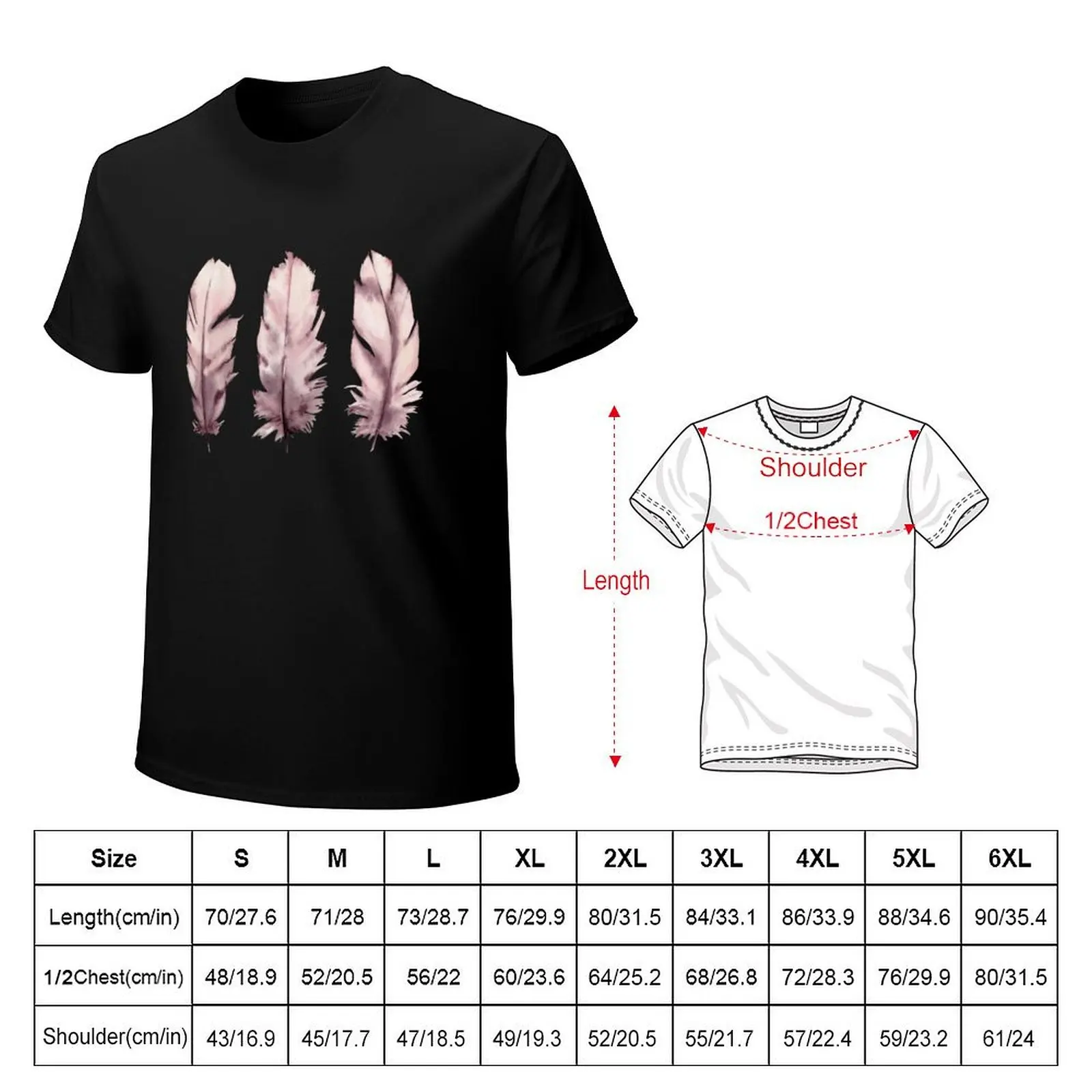 Blush pink feathers illustration T-Shirt Basic Crew Neck Short Sleeve Top
