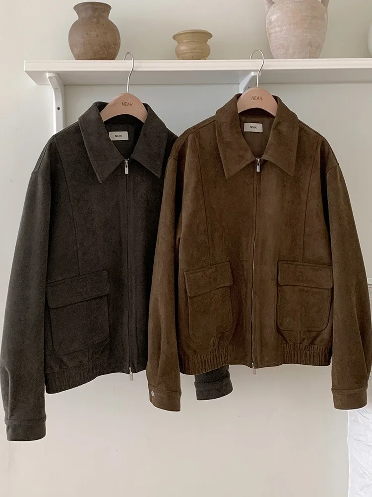 Invierno Chic gamuza larga Sve Jaet mujer Hong Kong Sle diseño Retro Sense Long Sve Top suelta ajuste ort abrigo