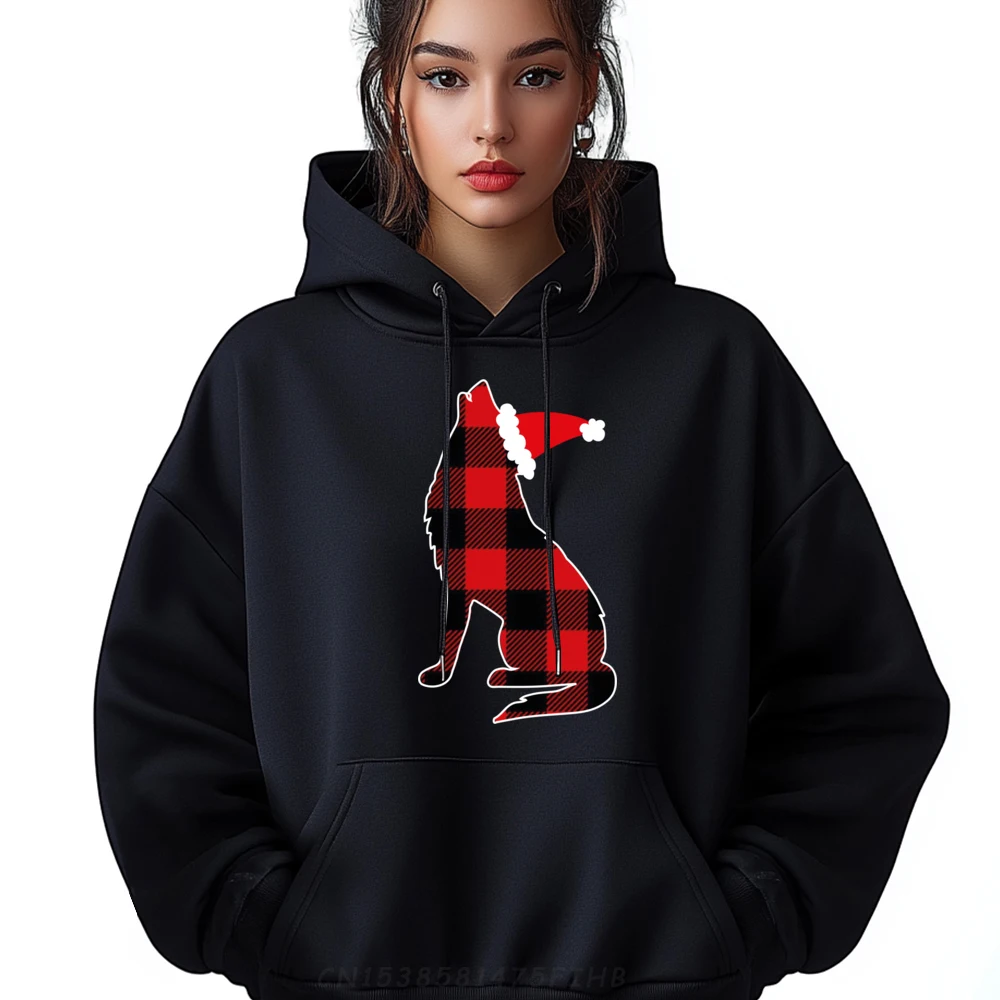 

Red Plaid Wolf Santa Hat Christmas Pajama Wolf Lover Red And Black Graphic Hoodie Clothes Oversized St Patrick's Day