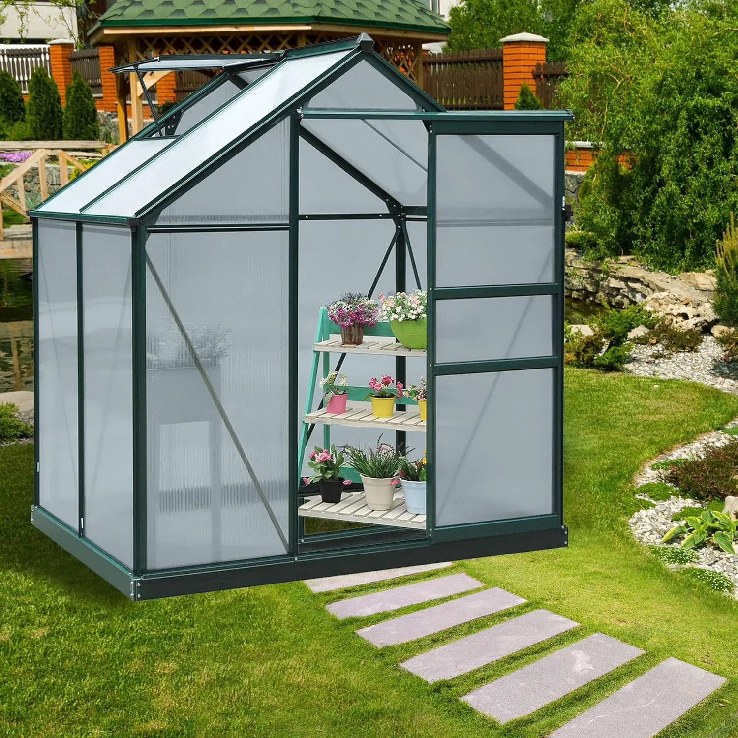 6' x 4' Greenhouse for Outdoors, Polycarbonate Greenhouse with Rain Gutter and Roof Vent, Aluminum Walk-in Green Houses