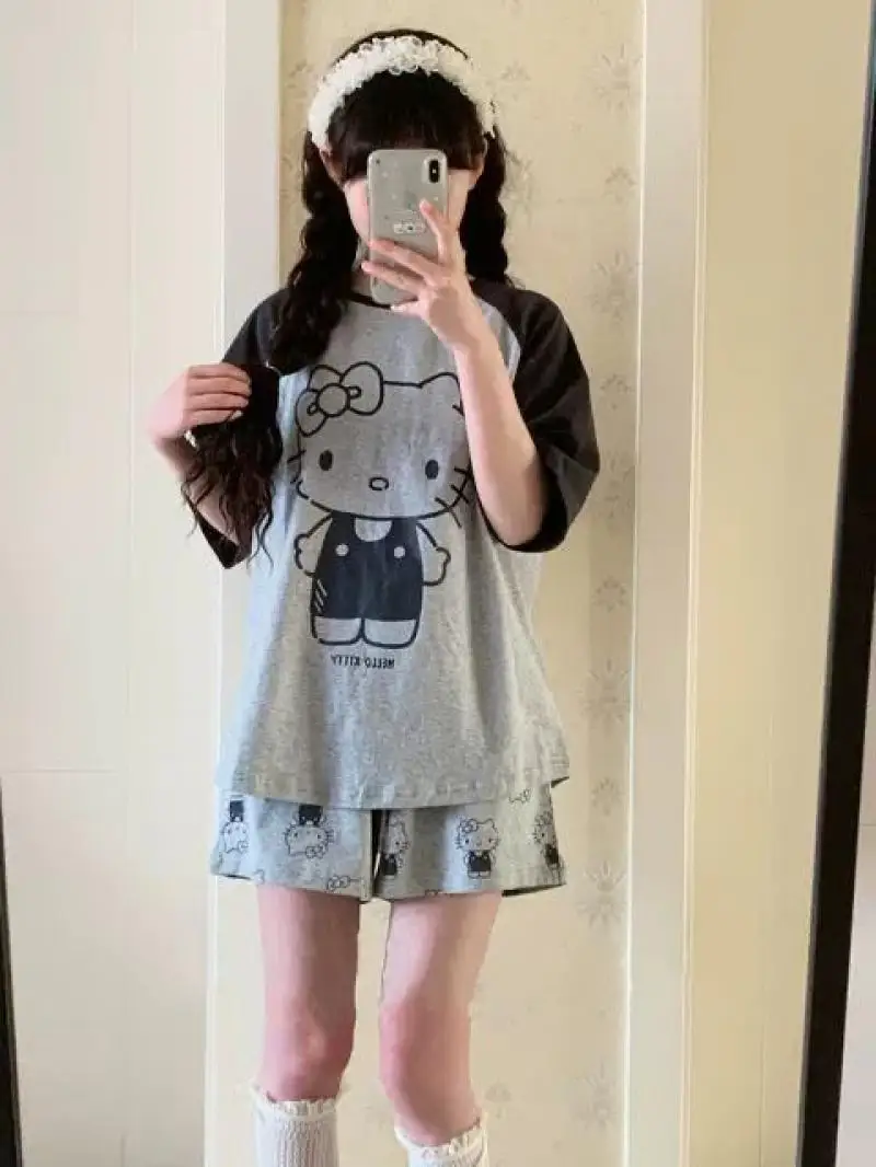 

Sanrios High Quality Hello Kittys Pajama Set Women Summer New Short Sleeve Shorts Two Piece Set Cute New Cotton Casual Comfort