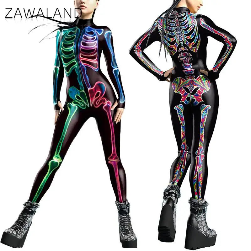 

Zawaland Catsuit Jumpsuit For Women Human Skull Cosplay Costumes Colored Line Printing Clothing Skeleton Halloween Bodysuit