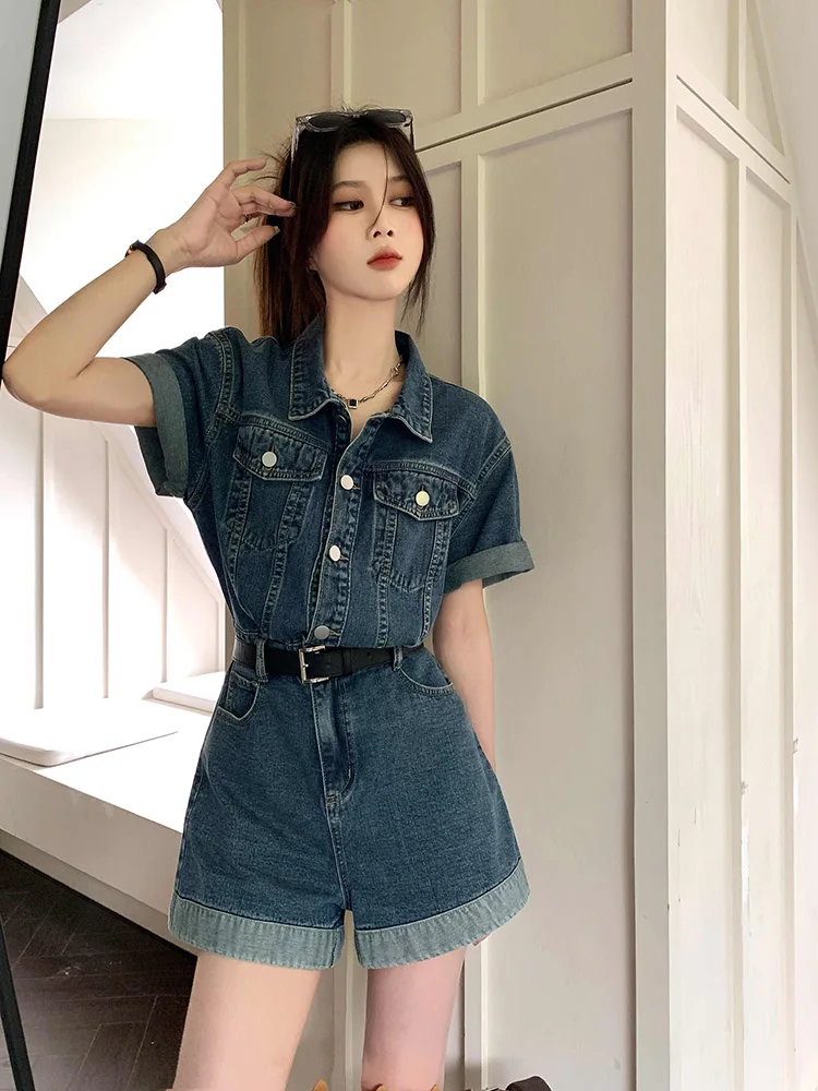 Women's Retro Denim Short Sleeved Jumpsuit Spring Summer New Waist Cinched Wide Leg Pants Fashion Lapel Large Pocket Jumpsuits