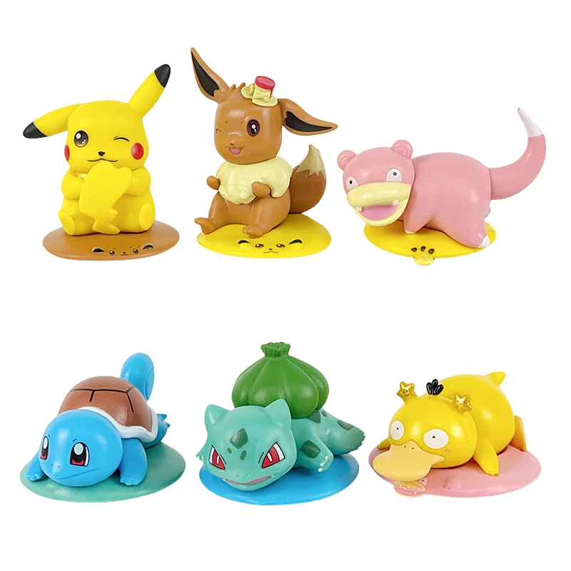 6 unids/set Pokemon figura de acción lie sujeta Squirtle Bulbasaur Slowpoke Psyduck sentado Eevee Pikachu PVC figuras de juguete