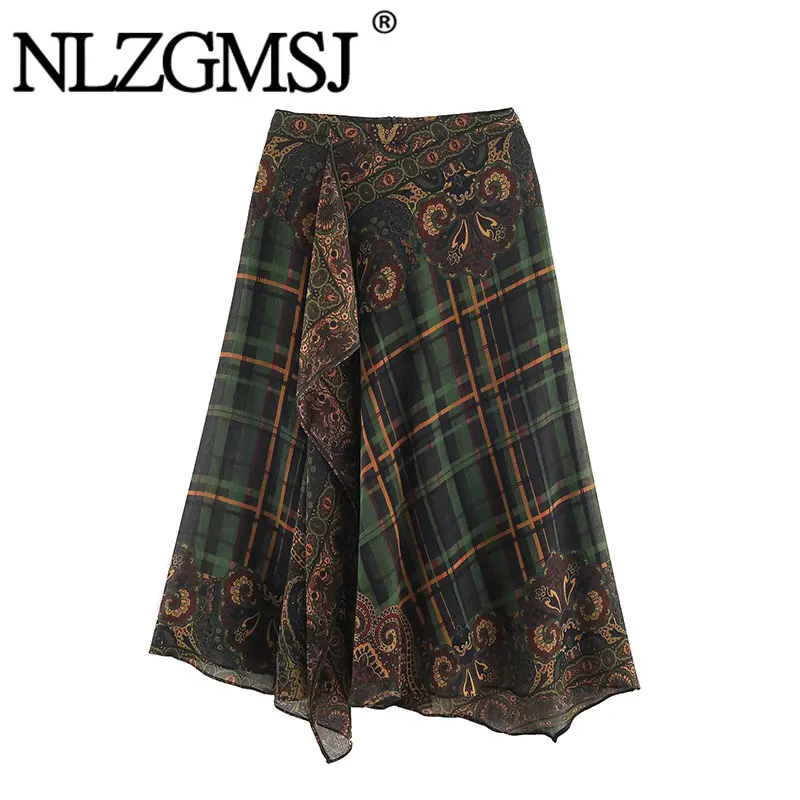 NLZGMSJ Vintage Casual Chic Women Asymmetry Skirt Printing Draped Loose New Fashion 2026 Autumn Holiday Female Long Skirt