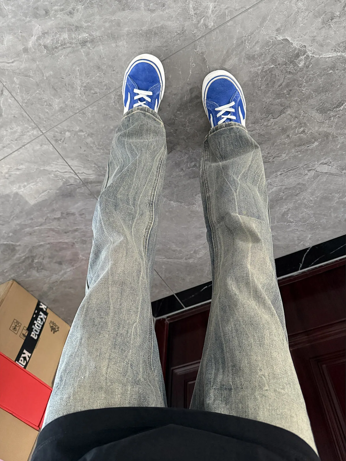 

American Retro Lightning Pattern Semi-Elastic Jeans Boys Straight Leg Slimming High Street Vibe Leg Lengthening Micro Flared ...