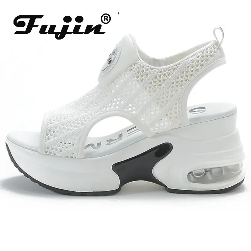 Fujin 8CM New Air Mesh Breathable New Women Sandals Comfy Shoes Fashion Summer Fish Toe Platform Wedge High Hidden Heels Ladies