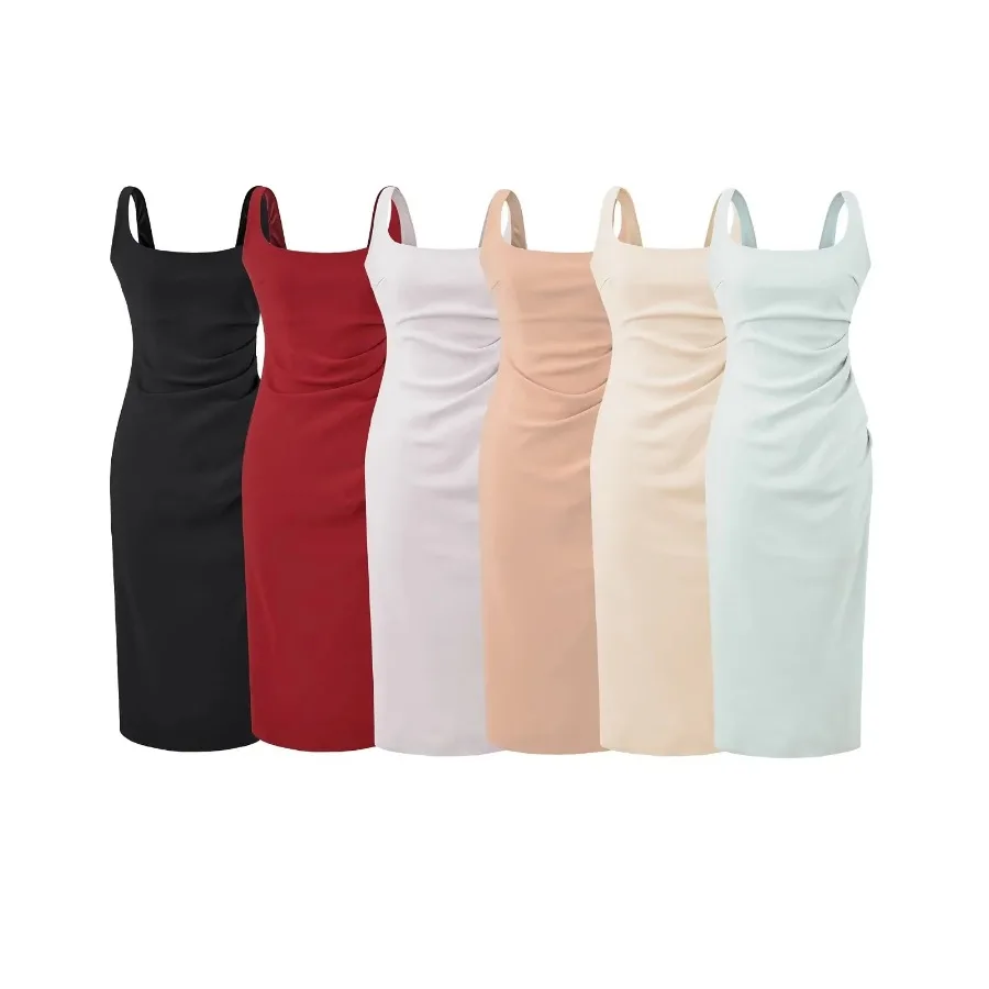 

【Новый стиль】Простое и элегантное женское платье без рукавов в стиле светской львицы с квадратным воротником, уникальное женское платье с боковыми складками и длинной юбкой до талии.