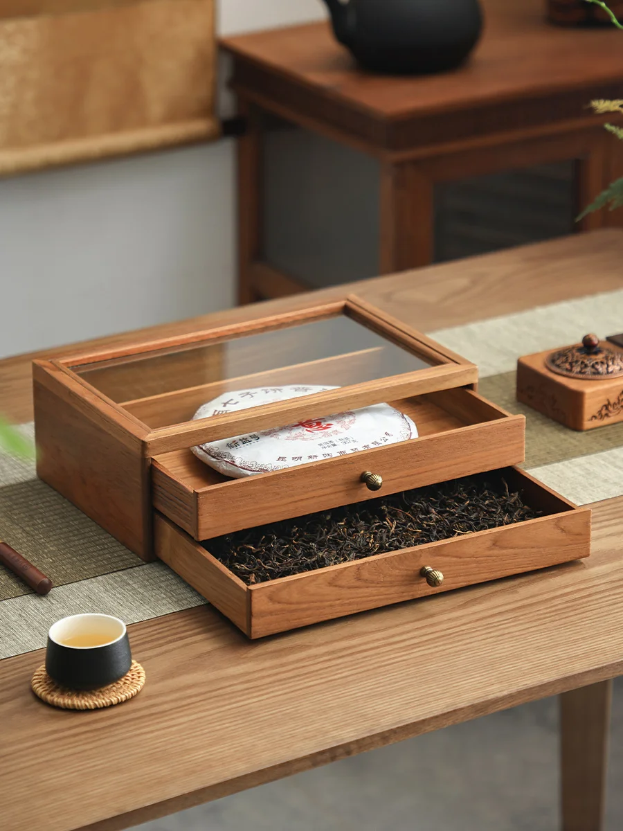 Solid wood Pu'er tea box, multi-layer tea storage box, tea cake box, teak drawer style et accessories