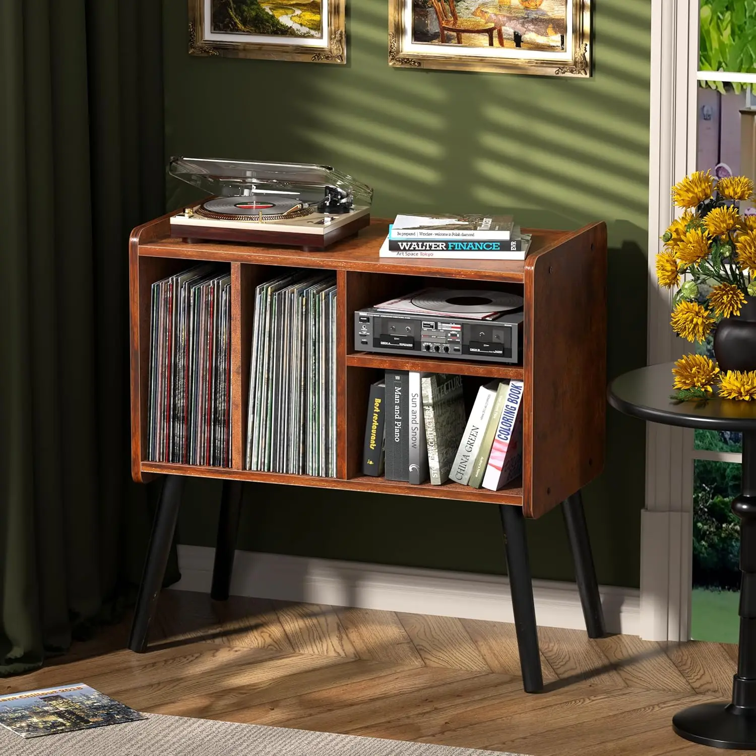 

Mid-Century Vinyl Record Cabinet with Adjustable Shelves, Holds 150+ Albums, Wood Turntable Stand for Living Room in Brown