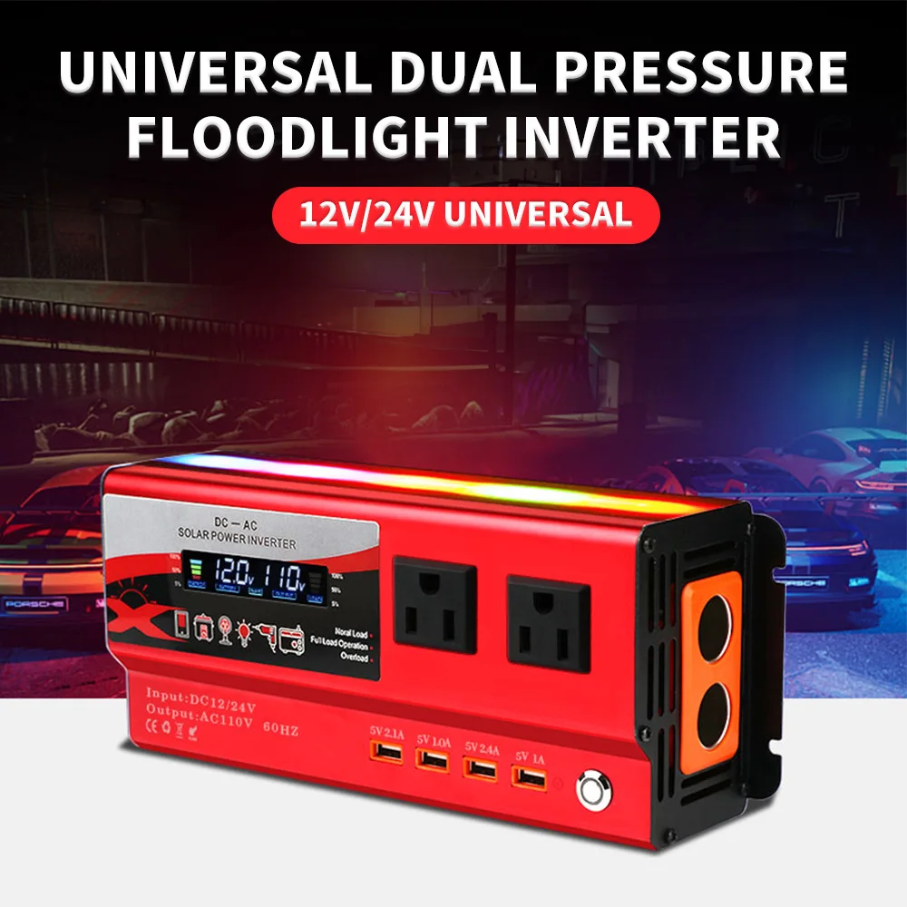 Inverter 12V/24V 110V 900W 1400W 2000W DC-AC Power Supply Voltage Converter Car Mounted Inverter Colorful Atmosphere Light US