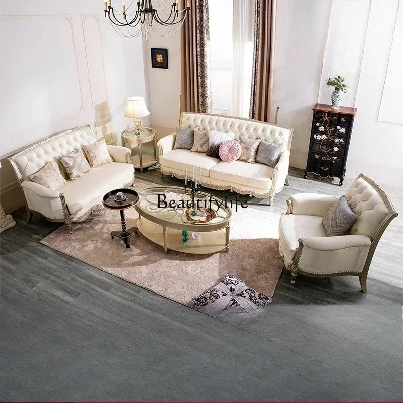 ls51French retro leather art simple European living room straight solid wood three-person sofa combination