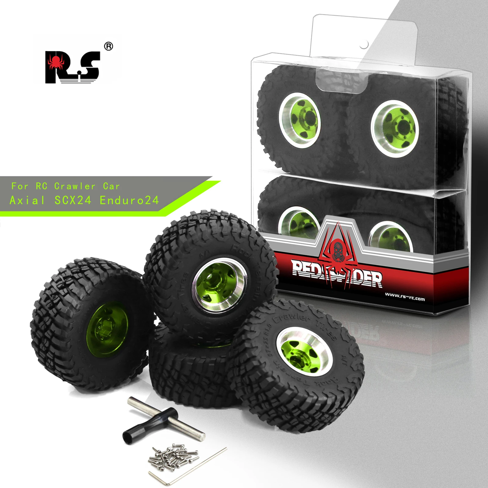 

RS RC Mud Terrain Tires 1.0 Beadlock Wheel Rims Set For 1/24 RC Crawler Car Axial SCX24 FMS FCX24 Enduro24 AX24 (W1049-T1007)