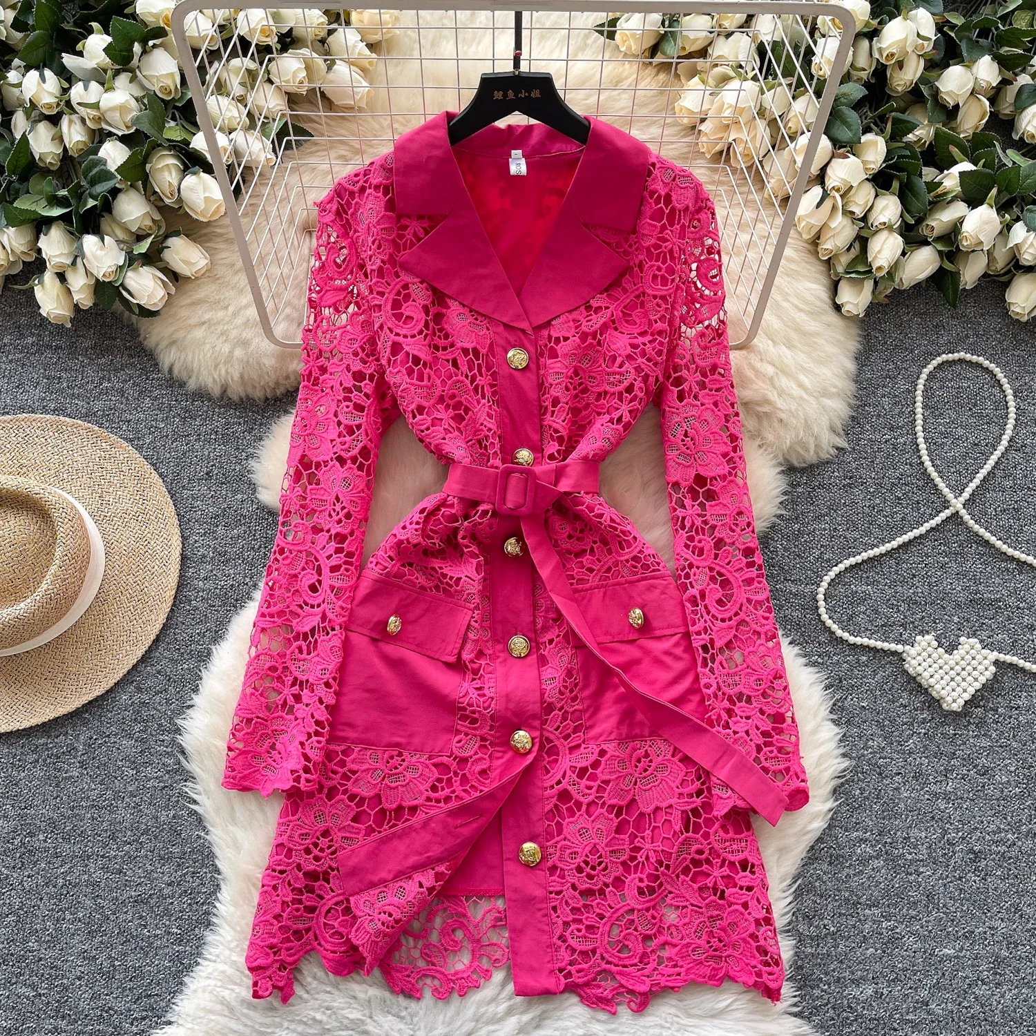 

Chic Elegant lace sashes Hook flower hollow slim Print Mesh Dress Sexy Notched French Vestidos High Waist Women Pencil Dress
