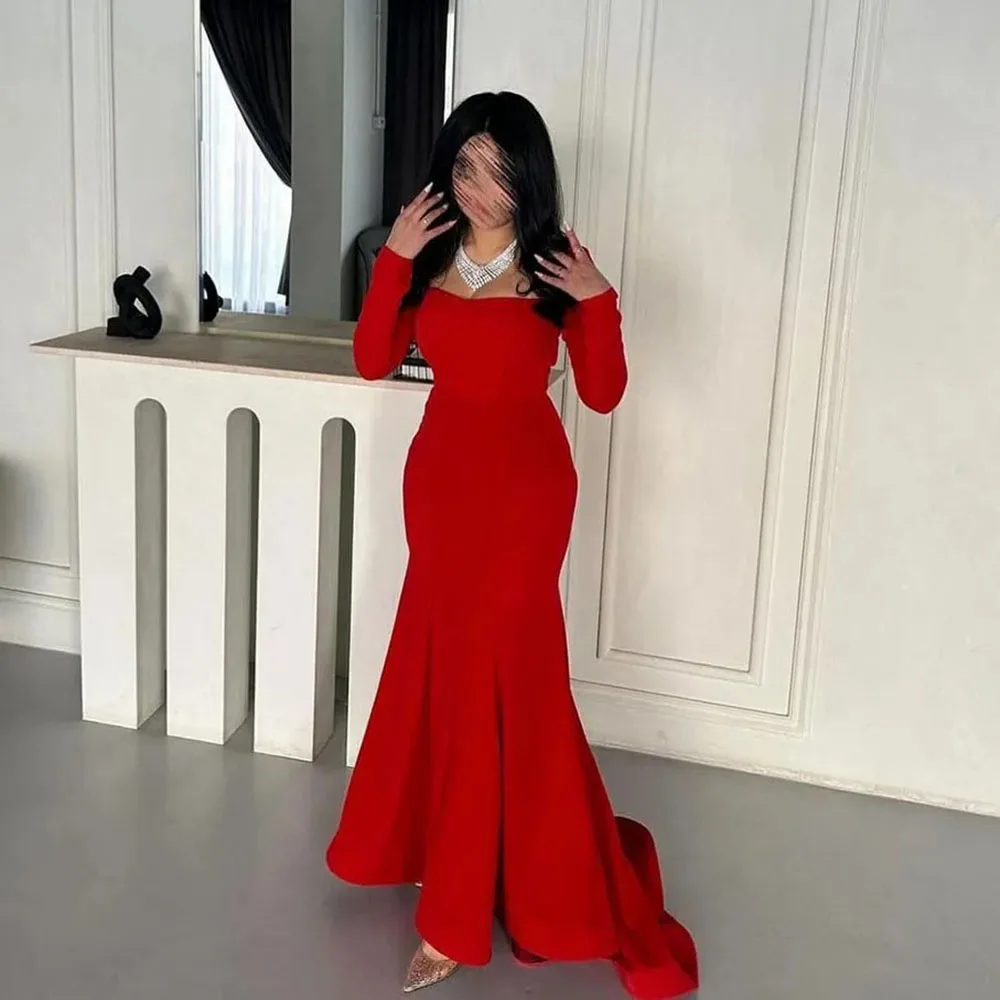 Msikoods Elegant Red Mermaid Prom Dress Elastic Satin Customized Long Sleeves Floor Length Formal Evening Dress vestido de gala