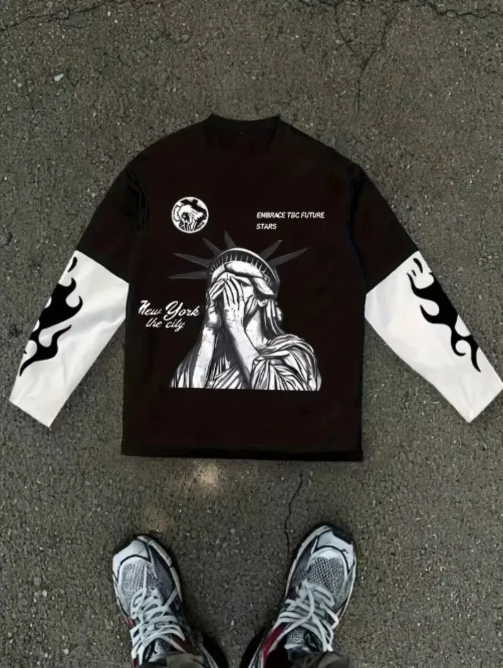 American-style Retro Hip-hop Liberty Goddess Pattern 3D Printed Men Spring-autumn Clothing Outdoor Sport Breath Quick-drying Top
