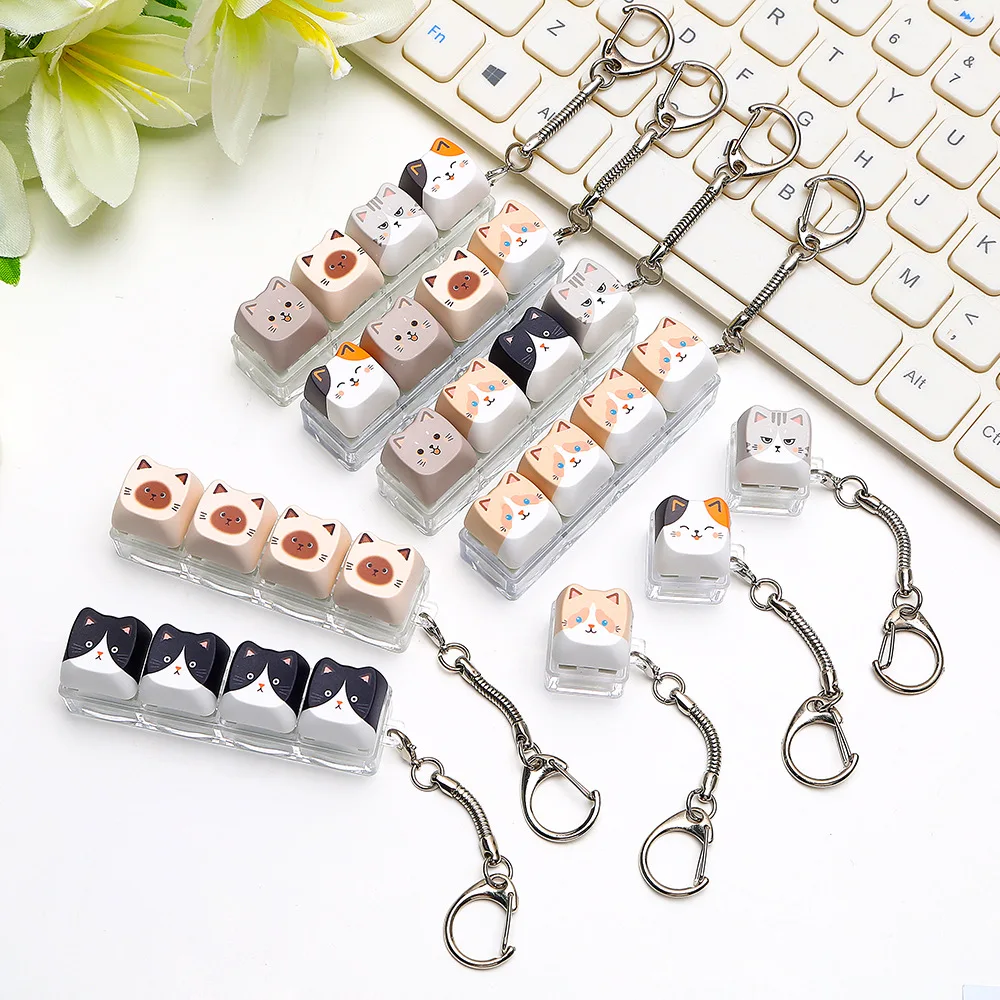 Finger-Tip Pressing Button Cat Fidget Clicker Keychain 4-Key Cute Cat Cat Mechanical Keyboard Keyring Kawaii Creative