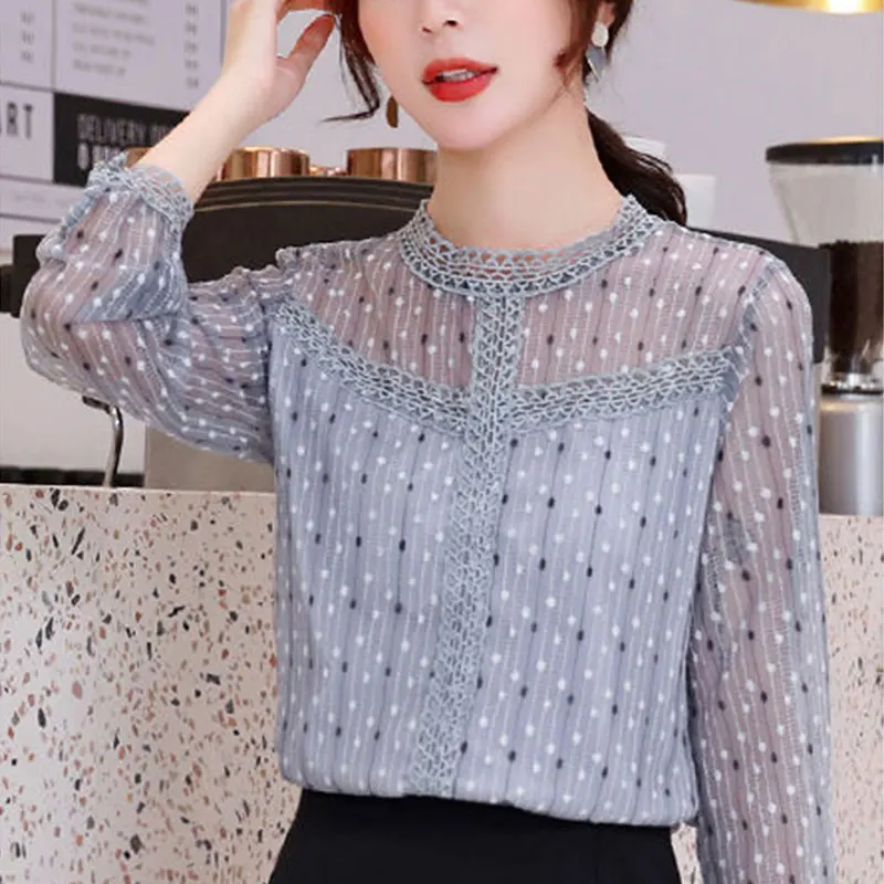 Women Lace Patchwork O-Neck Long Sleeve Shirts Temperament Casual Tops Simplicity Office Clothes Lady Autumn New Style Fashion