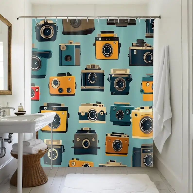 

Vintage Camera Pattern Shower Curtain: Colorful Bathroom Decor